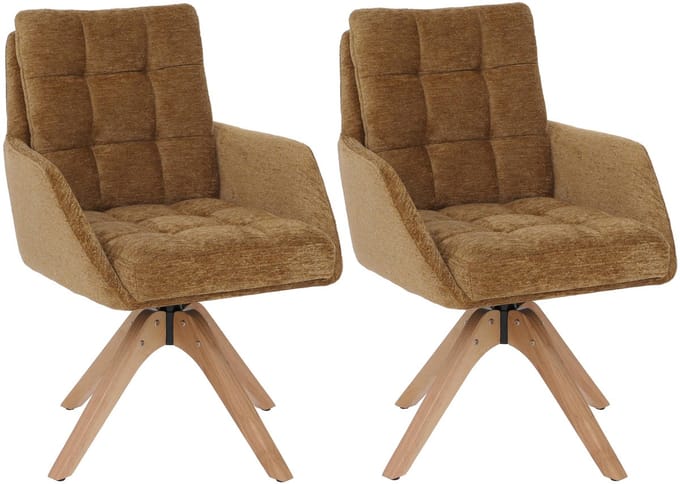 Set van 2 eetkamerstoelen MCW-Q36, keukenstoel, draaibaar, chenille (680 g/m²), hout MVG ~ mosterdgeel