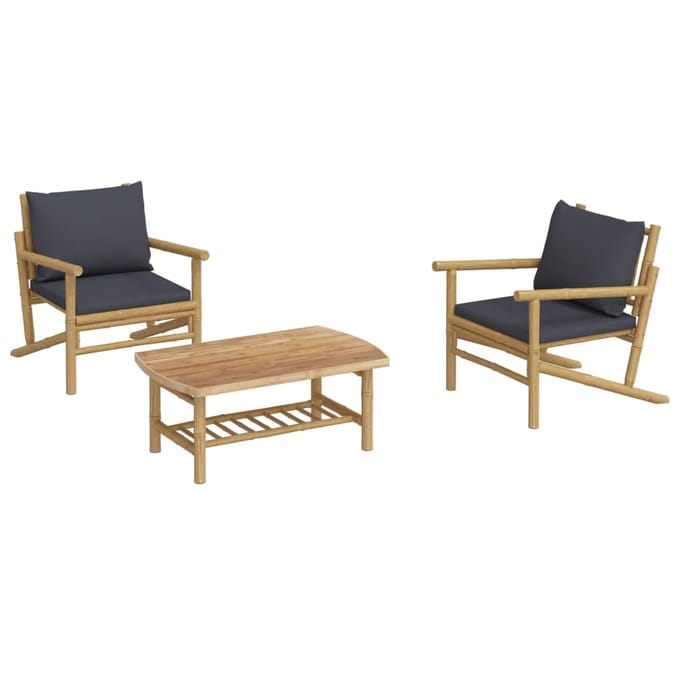 vidaXL - 3-delige - Loungeset - met - kussens - bamboe - donkergrijs