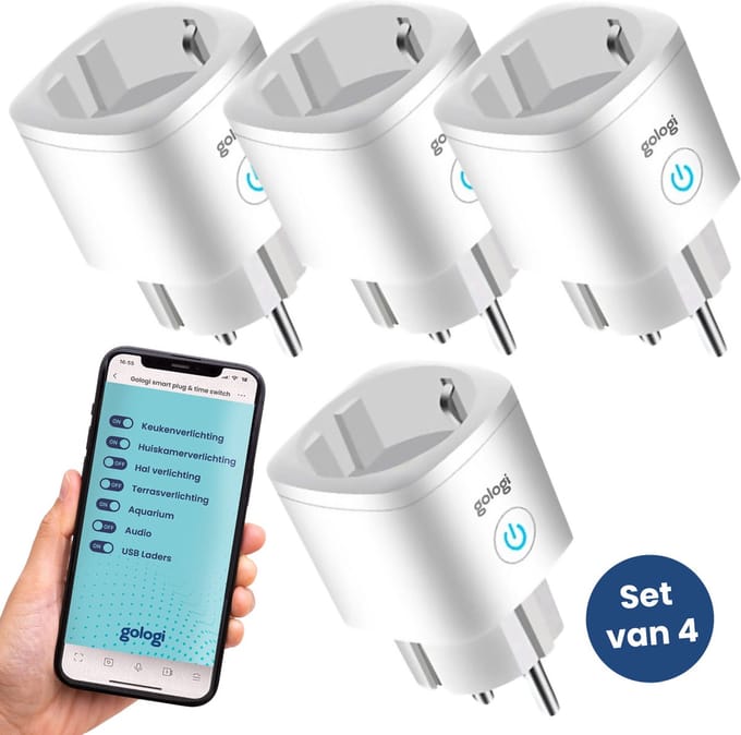 Gologi Slimme stekker - Smart plug - Tijdschakelaar & Energiemeter - WIFI - Google Home & Amazon Alexa - 4 Stuks - Wit