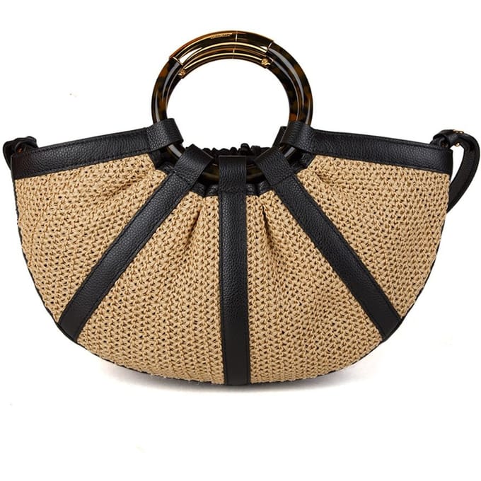 COCCINELLE Leren handtas schoudertas Shell Straw Handbag Natural / Noir beige