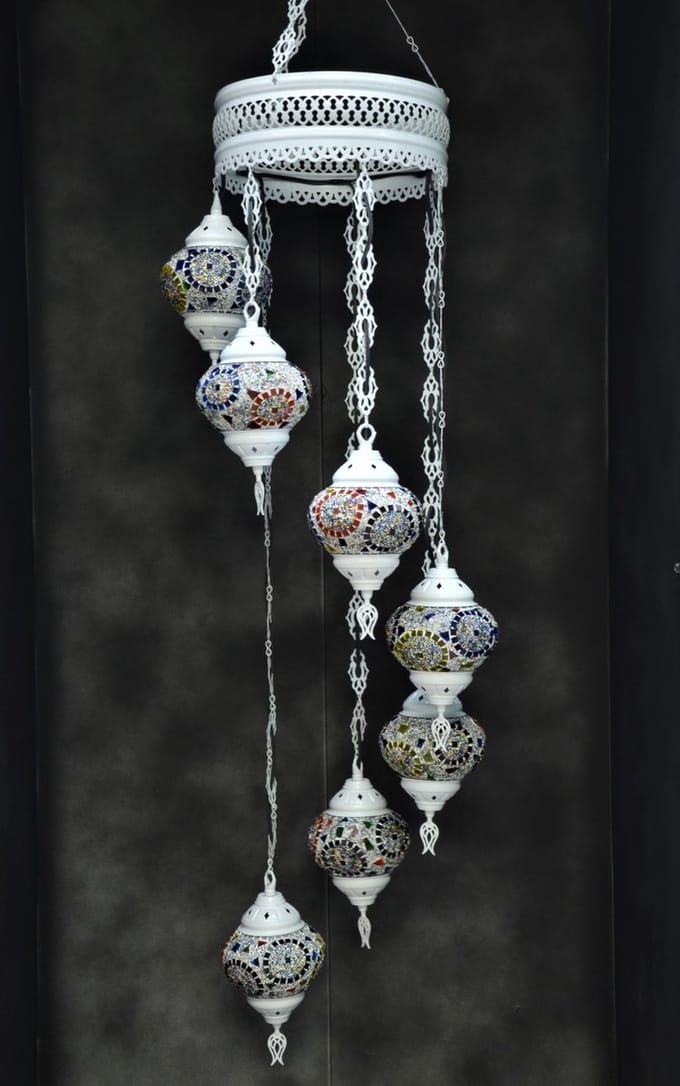Hanglamp multicolour bruin zwart wit glas mozaïek Oosterse lamp kroonluchter Crèmewit 7 bollen