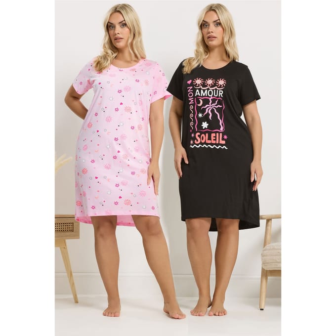 Yours 2 Pack Zwarte 'Amour Soleil' Nachthemden Met Lange Achterkant Size 62-64