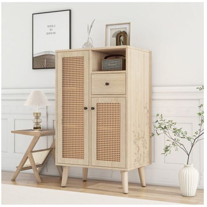 Buffet - MUVOE - 2 portes en rotin - 1 tiroir - Bois massif - 60x40x101cm