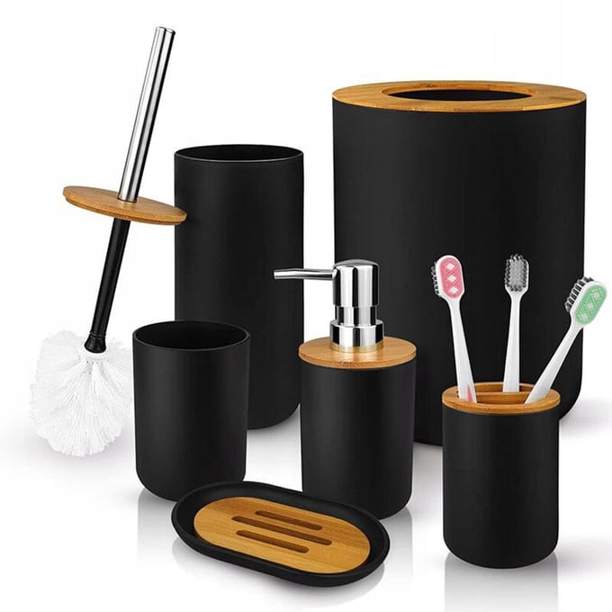 BK - Badkameraccessoireset - Bamboe/Hars - 6 Stuks - Zwart