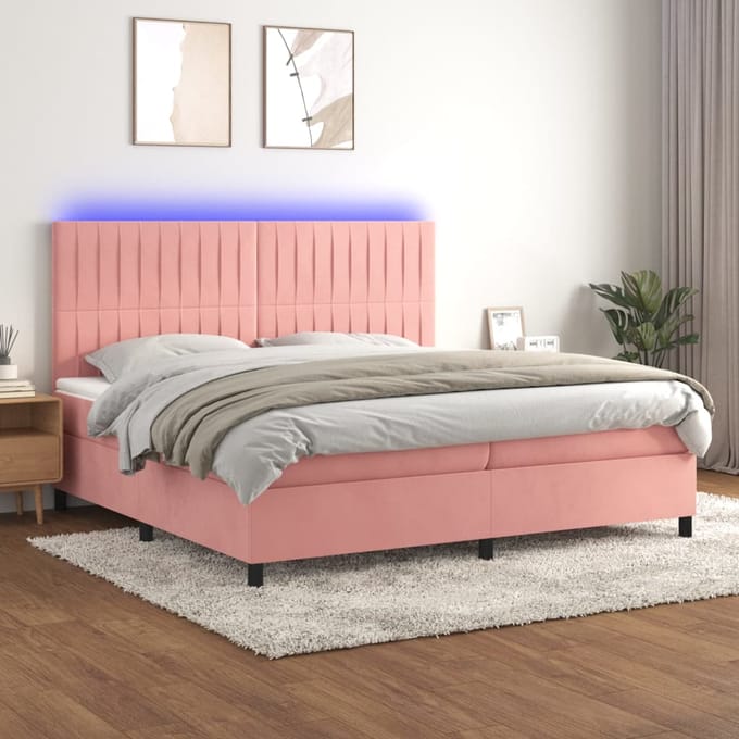 vidaXL - Boxspring - met - matras - en - LED - fluweel - roze - 200x200 - cm
