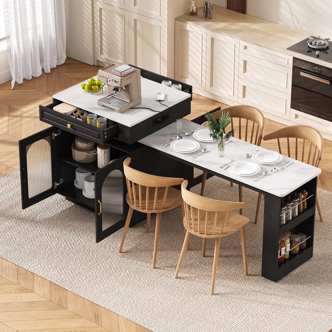 Sweiko Keukeneiland - Met wieltjes - LED verlichting - Uitschuifbare eettafel - Dressoir - Bartafel - Zwart