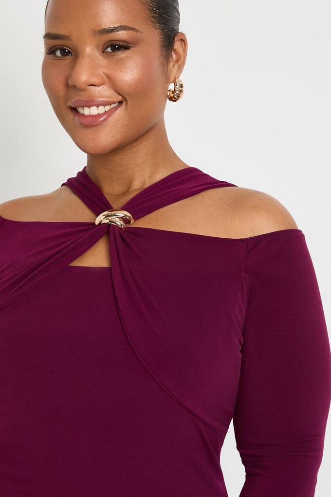 boohoo Dames Plus lange mouw Halter gouden rand minijurk | Pruim | Maat: 46