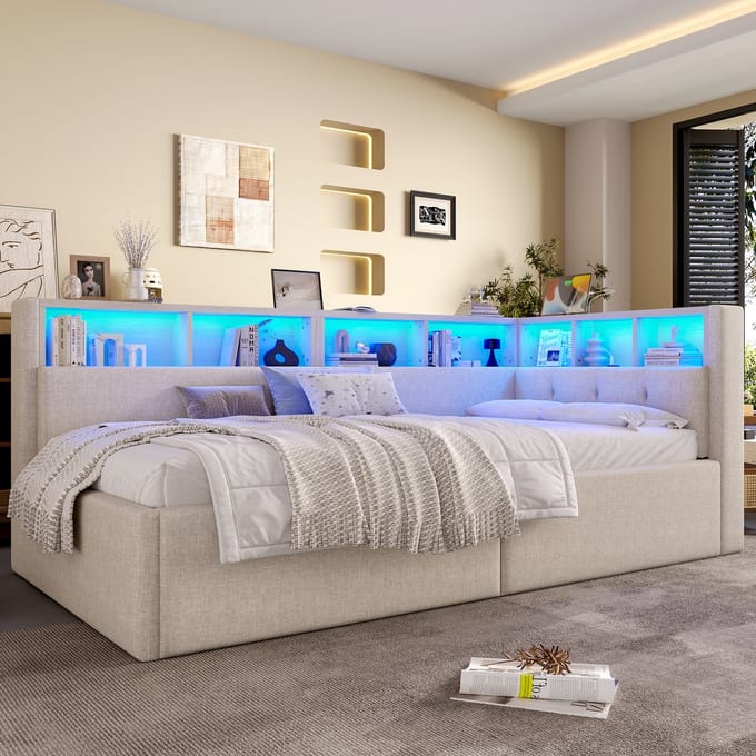 MODFU Bedframe 90x200 cm – Beige linnen – Hydraulische opbergruimte – LED (app) – 2 USB & Type-C – MDF