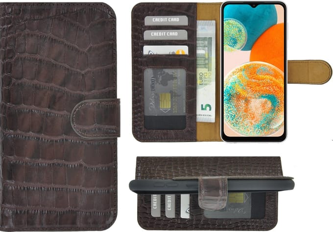 MoDo hoesje Geschikt voor Samsung Galaxy A23 - Echt Leer Book Case - Croco Chocoladebruin