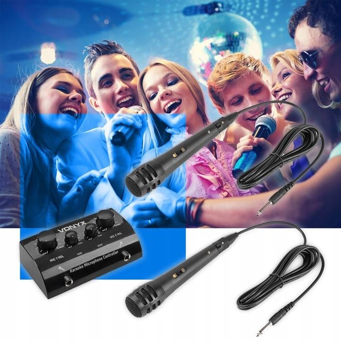 Karaoke set - Vonyx AV430B - 2x karaoke microfoon met mixer met echo effect - Maak van je stereo set een echte karaoke set! - Zwart