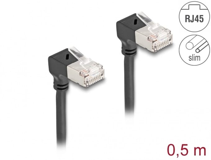 Delock RJ45 Network Cable Cat.6A S/FTP Slim 90° downwards / downwards angled 0.5 m black