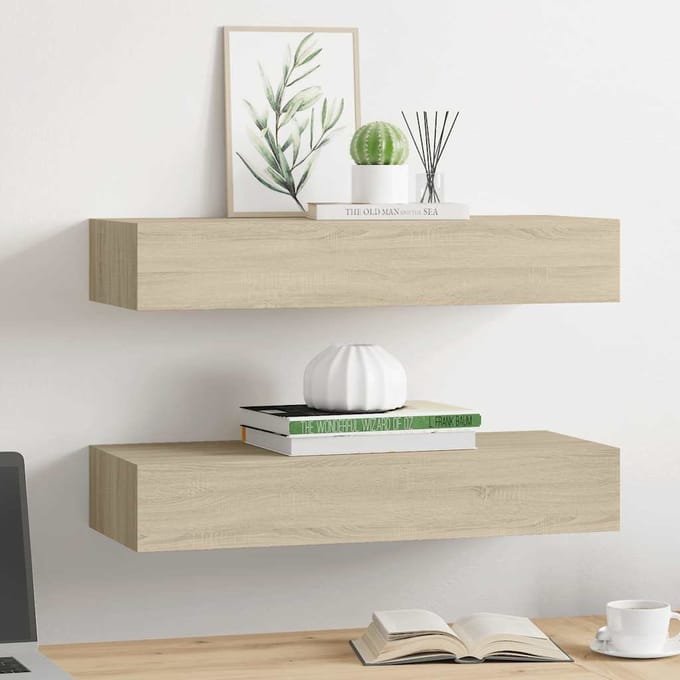 vidaXL - viaXL - Wandschappen - 2 - st - met - lade - 60x23,5x10 - cm - MDF - eikenkleurig