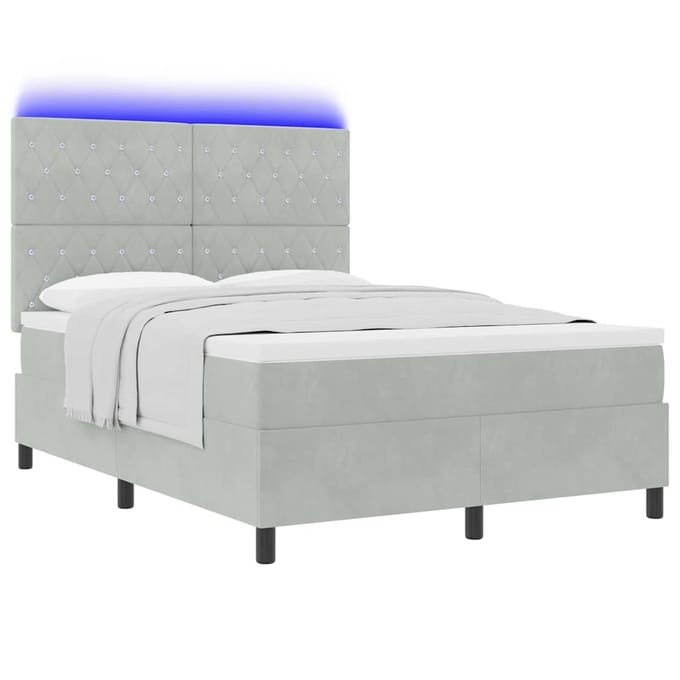 vidaXL - LED - Box - Spring - Bed - met - matras - Lichtgrijs - 140 - x - 200 - cm - Fluweel
