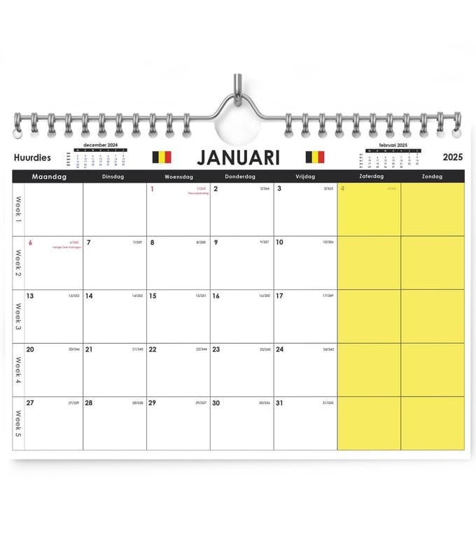 Huurdies® - Kalender 2025 - A4+ - 42x32cm - Belgische Feestdagen - Dagenteller - Weeknummers