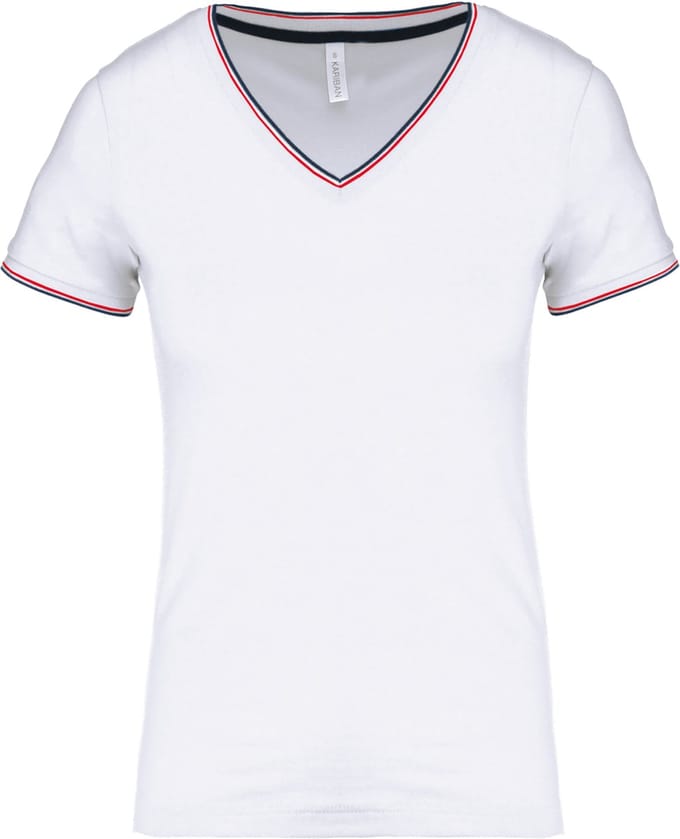 Kariban Dames-t-shirt piqué V-hals K394 - White / Navy / Red - S