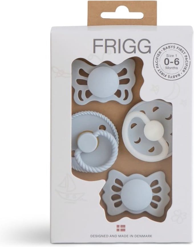 FRIGG - baby first pacifier pack - vier spenen - Moon - Lucky - Butterfly - Rope - Powder Blue 4 stuks