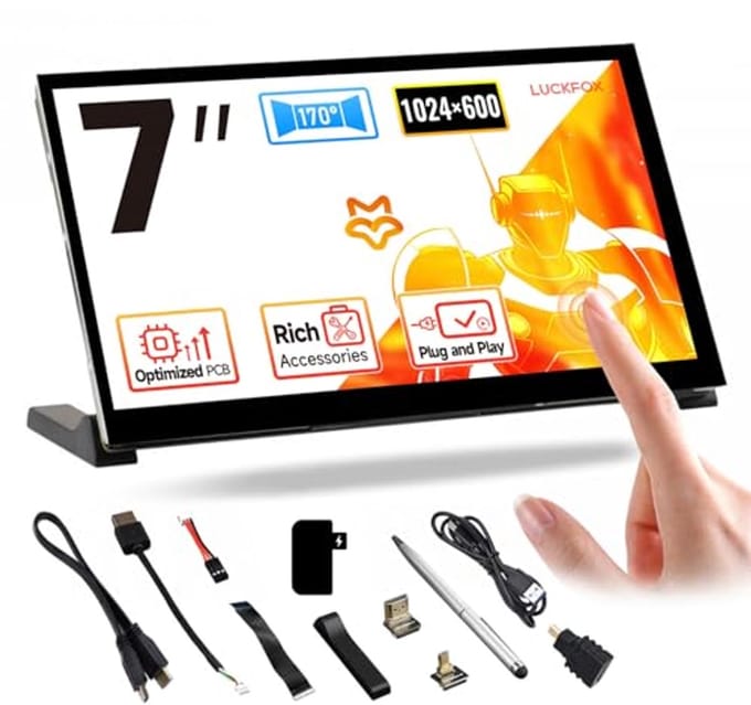 LUCKFOX for Raspberry Pi Screen 7 inch HDMI Touch Screen for Raspberry Pi 5 Plug & Play 1024x600 5 Point Touch Screen Portable Monitor for Laptop with Stand IPS LCD Display Second Screen for Laptop PC
