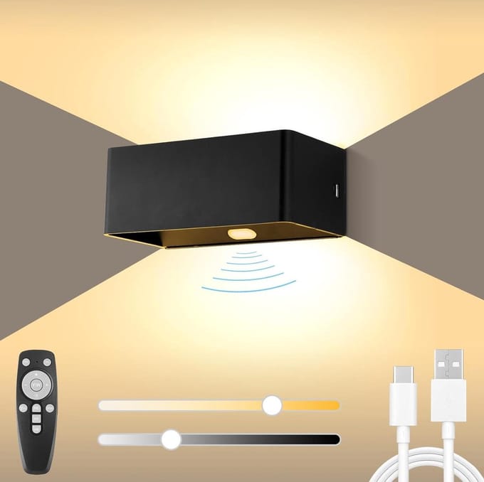 Accu Wandlamp met Bewegingssensor USB-C Oplaadbaar 6W LED Dimbaar met Afstandsbediening - Binnenmuur Lamp Timerfunctie