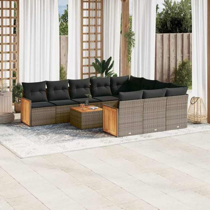 vidaXL - 11-delige - Loungeset - met - kussens - poly - rattan - grijs