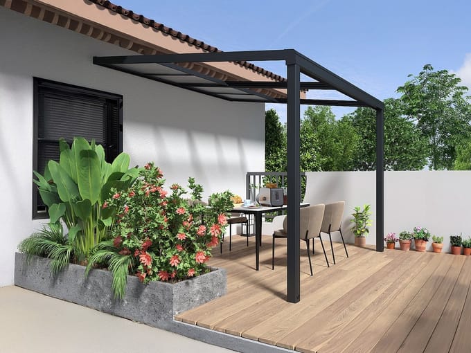 Vente-unique Pergola voor tegen de muur met schuifbaar dak - 9 m² - Antraciet - IZEDA