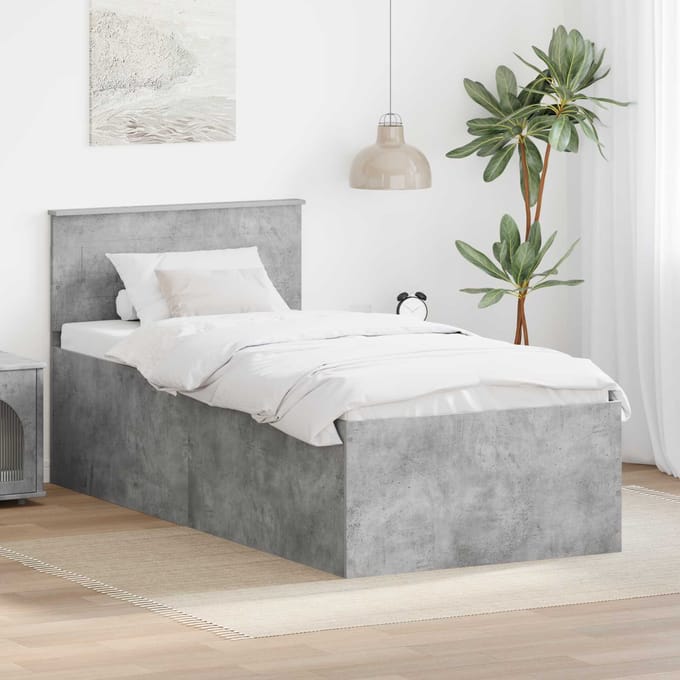 vidaXL - Bedframe - met - hoofdeinde - Beton - Grijs - 75 - x - 190 - cm - Bewerkt - hout