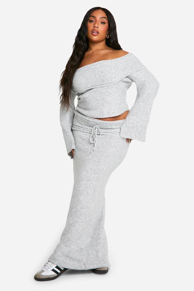 boohoo Dames Plus gebreide maxi-rok met ribrand en vetersluiting | Grijs | Maat: 44-46