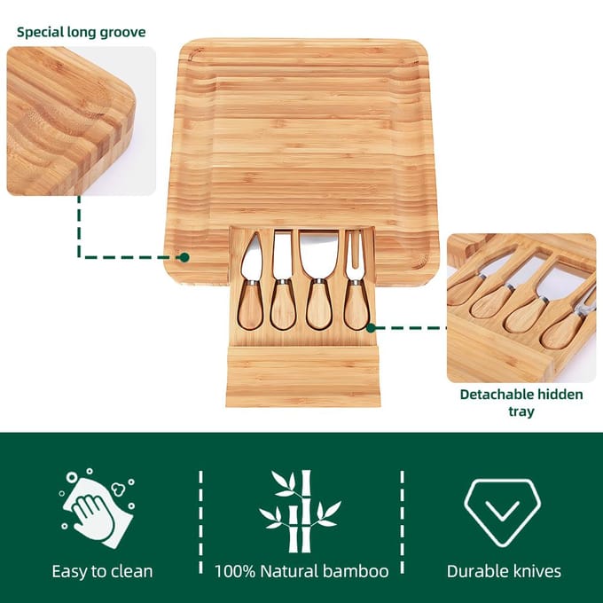 Charcuterie Planken Cadeauset met 4 Kaasmessen Grote Vierkante Bamboe Kaasplanken met Verborgen