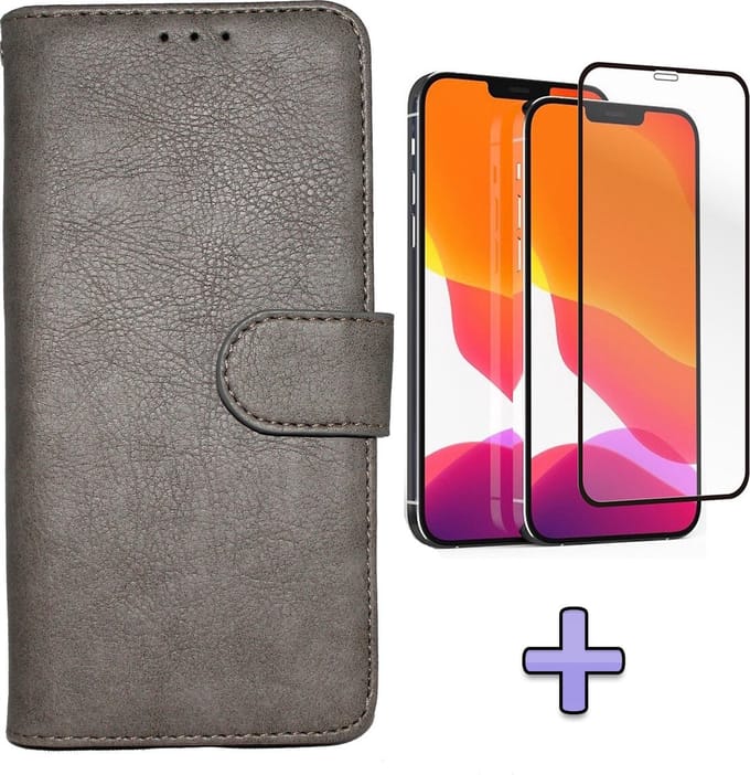 HB Hoesje Geschikt voor Apple iPhone 12 Pro Max Grijs - Luxe Kunstlederen Portemonnee Book Case & Volledige Display Screenprotector