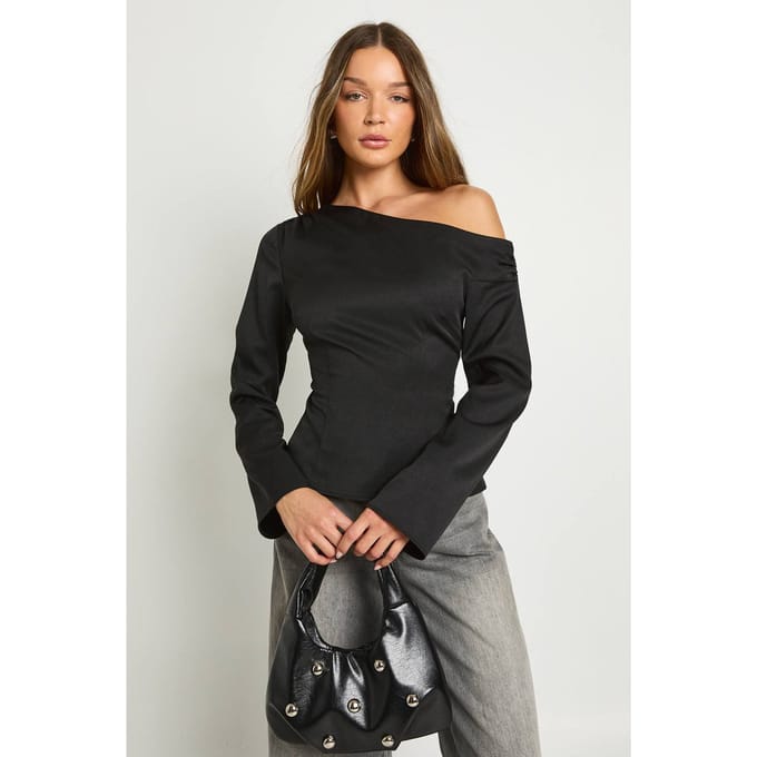 boohoo Dames Asymmetrische geplooide schouder longline top | Black | Maat: 6