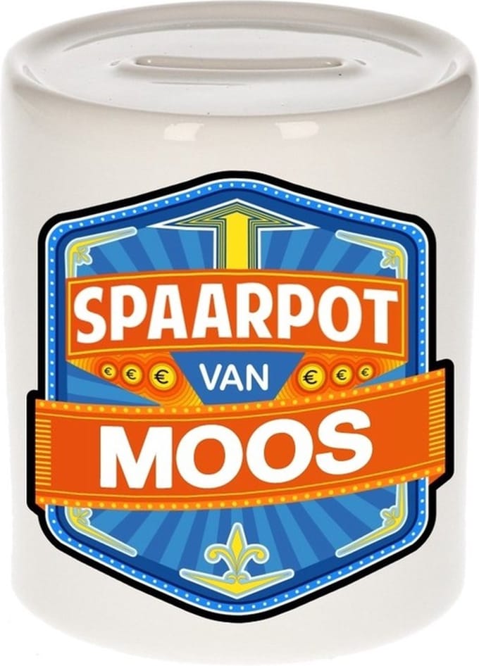 Bellatio Decorations Kinder spaarpot met naam - Moos - keramiek - met dop - wit - Sparen - Spaargeld van Moos