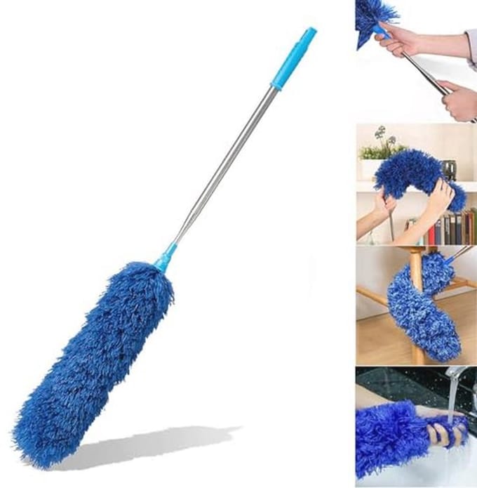 HEOATH Microfiber Extendable Duster, Extra Long 100 Inches Non-Scratch, Bendable, Washable, Hypoallergenic Springs for Cleaning Roof, Ceiling Fan, Blinds, Cobwebs, Skirting Boards - Blue