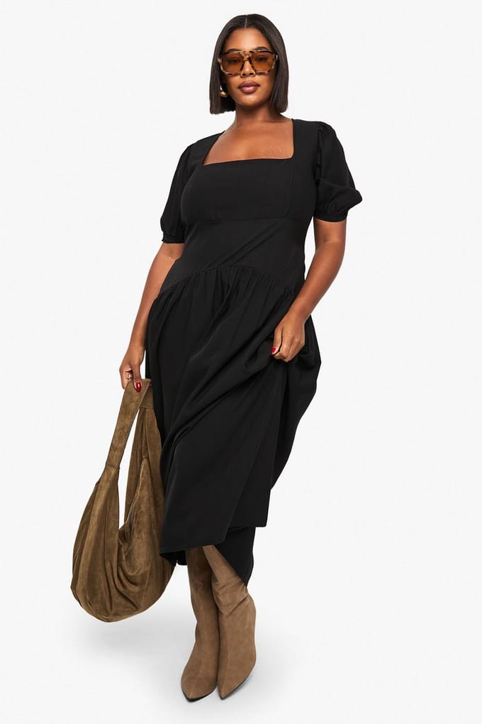 boohoo Dames Plus puffmouw maxi smock jurk | Black | Maat: 22