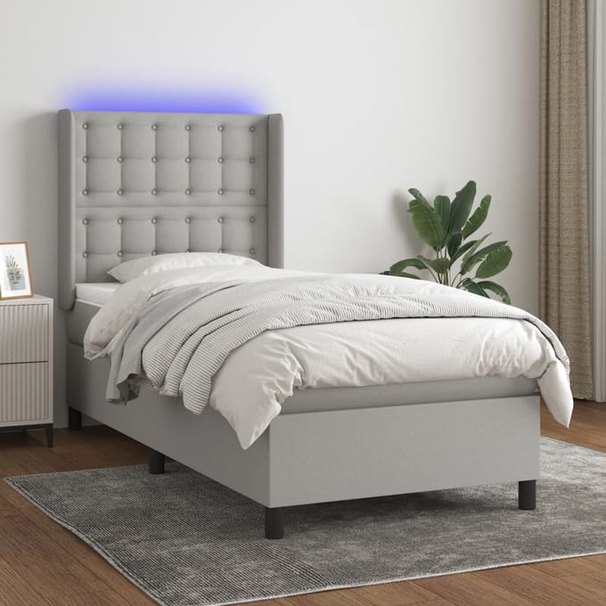 vidaXL - Boxspring - met - matras - en - LED - stof - lichtgrijs - 90x200 - cm