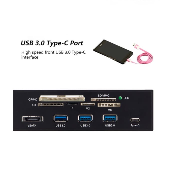STW 5,25  Kaartlezer Media Dashboard PC Voorpaneel Type-C USB 3.1 USB 3.0 5.25 black