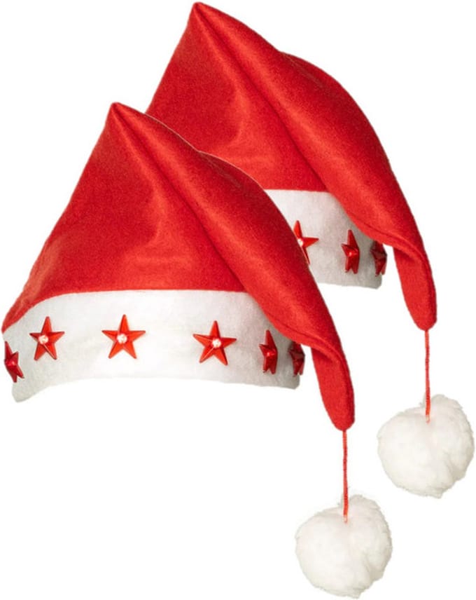 Boland Kerstmuts - 2x - rood - met lichtjes - volwassenen - verlichte kerstmuts - sterren
