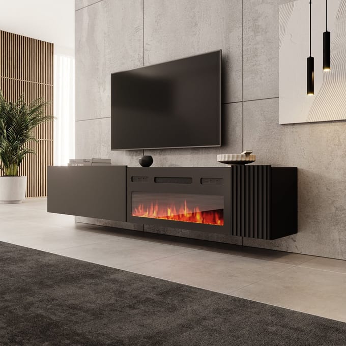 Meubella - Cruzar - TV-Meubel met sfeerhaard - Zwart - 200 cm