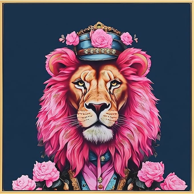 Ter Halle - Schilderij - Canvas - Leeuw met Legerkleding - Glitter en Glans Afwerking - 63x63cm