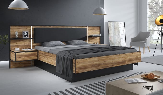 Meubella - Tweepersoonsbed Jacob - Zwart - Eiken - 180x200 cm