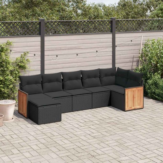 vidaXL - 7-delige - Loungeset - met - kussens - poly - rattan - zwart