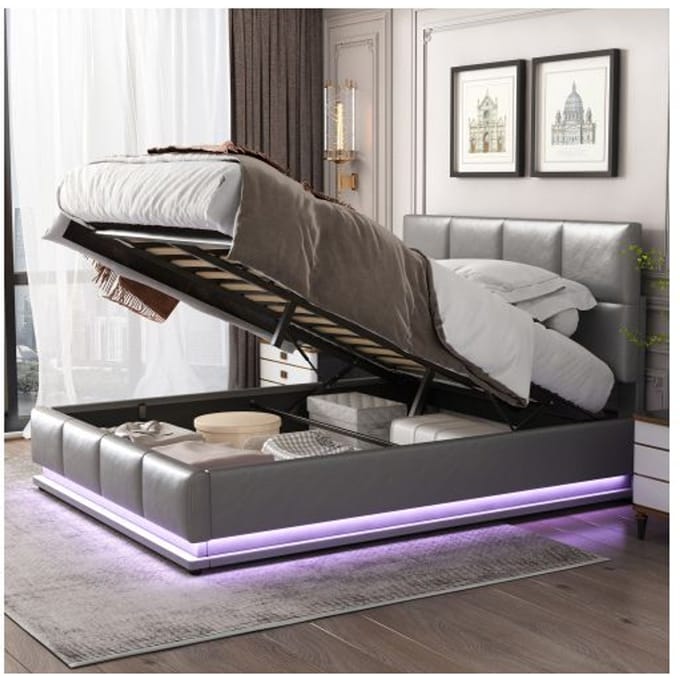 Lit 140x200 cm - MUVOE - Rembourré - Eclairage LED - Rangement hydraulique - Gris gris