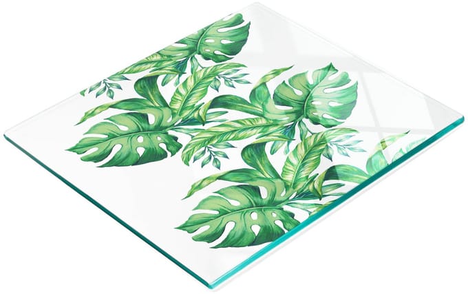 Decoratieve glazen snijplank met groene bladeren, 60x52 cm