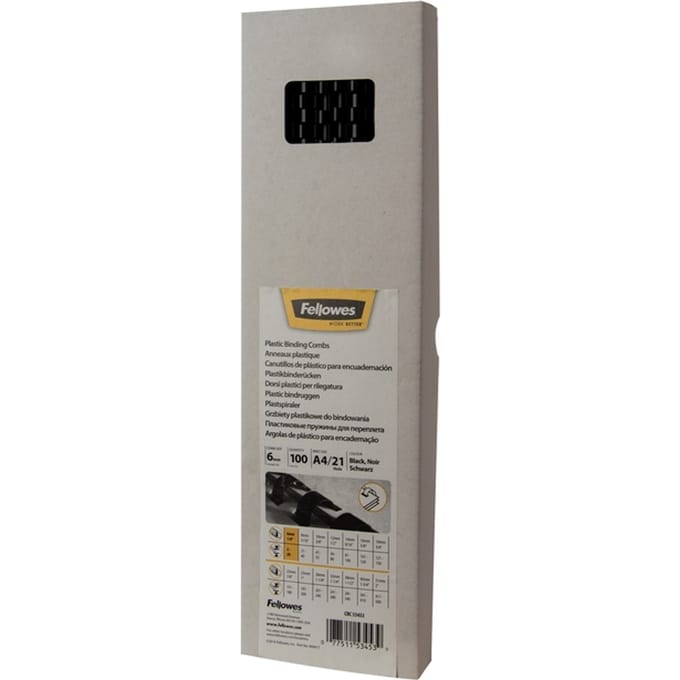 Fellowes Bindruggen plastic - 6mm - 21 ringen - tot 20 vel - A4 - Zwart - 100 stuks