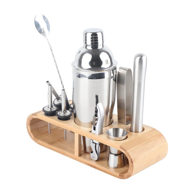 11-delige set roestvrijstalen cocktailshaker mixer drank bartender martini tools barset met hout gray
