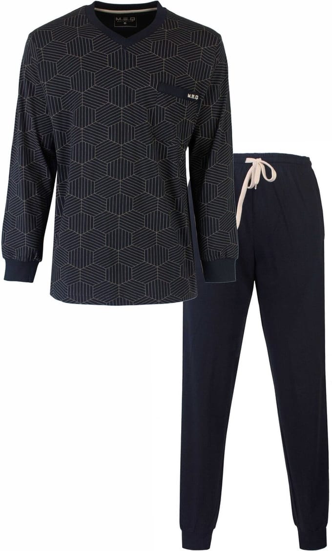 MEQ Heren Pyjama - Geprint Dessin - V Hals - Navy Blauw - Maat M