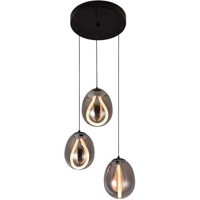 Viokef LED hanglamp Melanie, Ø 41 cm, rookgrijs, glas, 3-lamps.