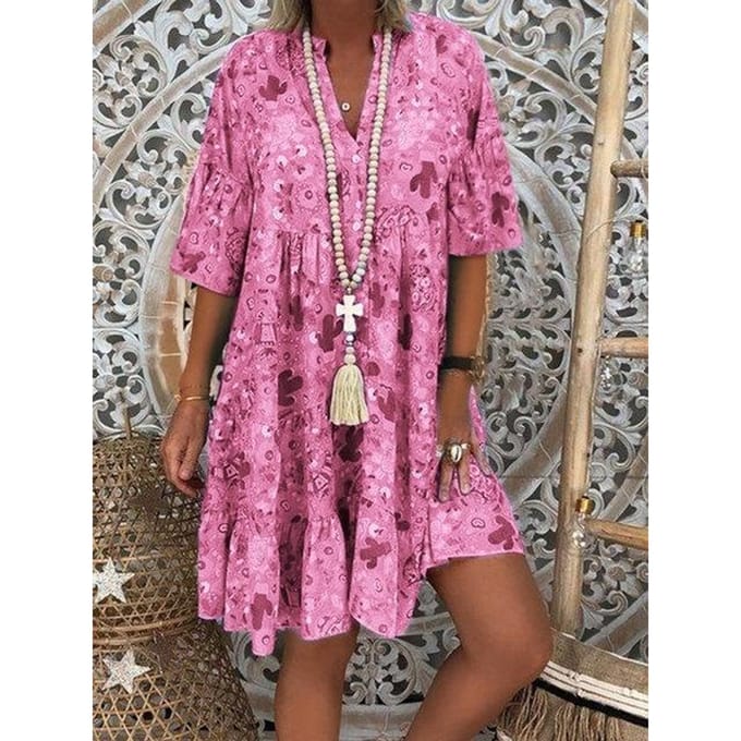 Robe d'été ample et décontractée pour femmes, grande taille, col en V, manches longues, imprimé Floral M rose