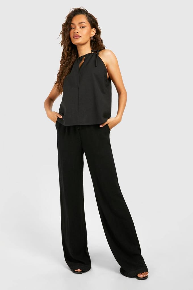 boohoo Dames Linnen Look Strappy Top | Zwart | Maat: 34