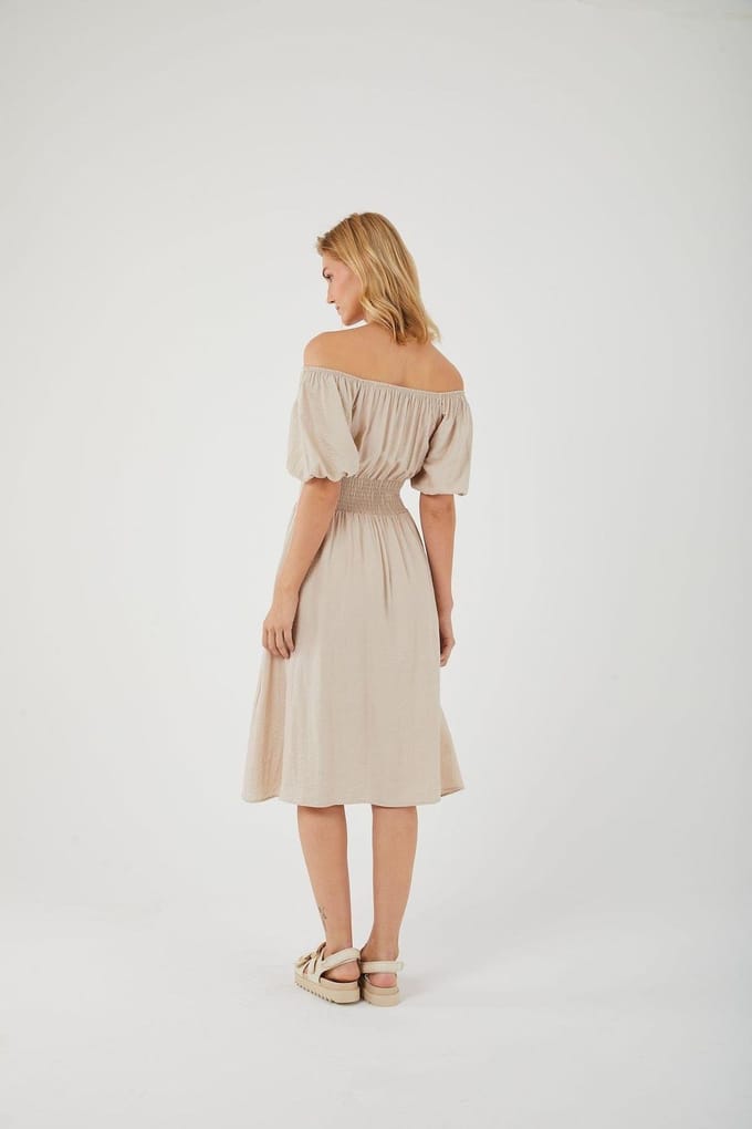Off-Shoulder Puff Sleeve Midi-jurk met Vetersluiting in de Taille
