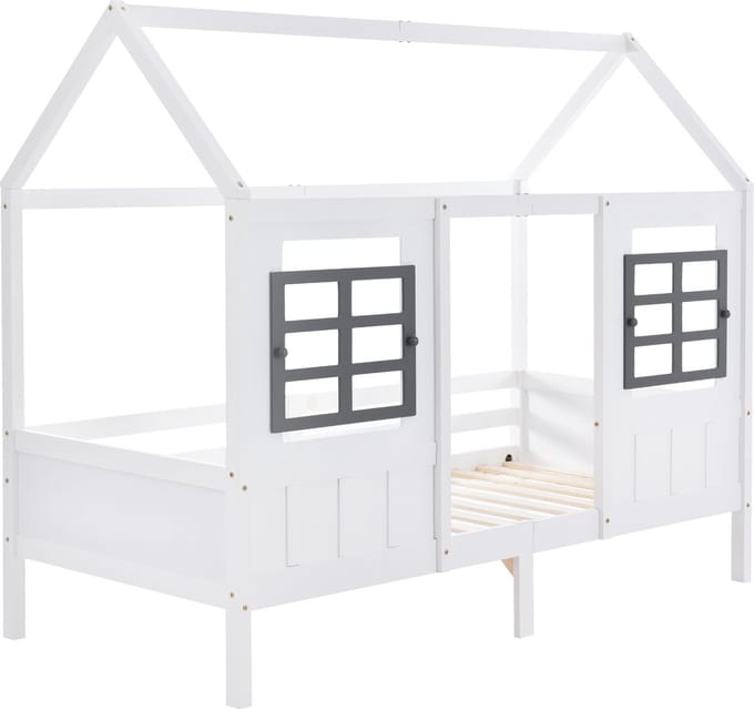 Huisbed, eenpersoonsbed, dagbed, kinderbed met 2 ramen, frame van grenen, MDF, wit (200x90cm)
