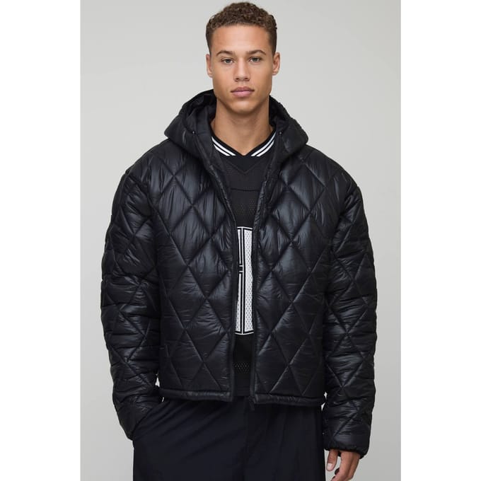 Hoge oversized boxy hoogglanzende gewatteerde capuchon funnel puffer jas | Black | Size Medium